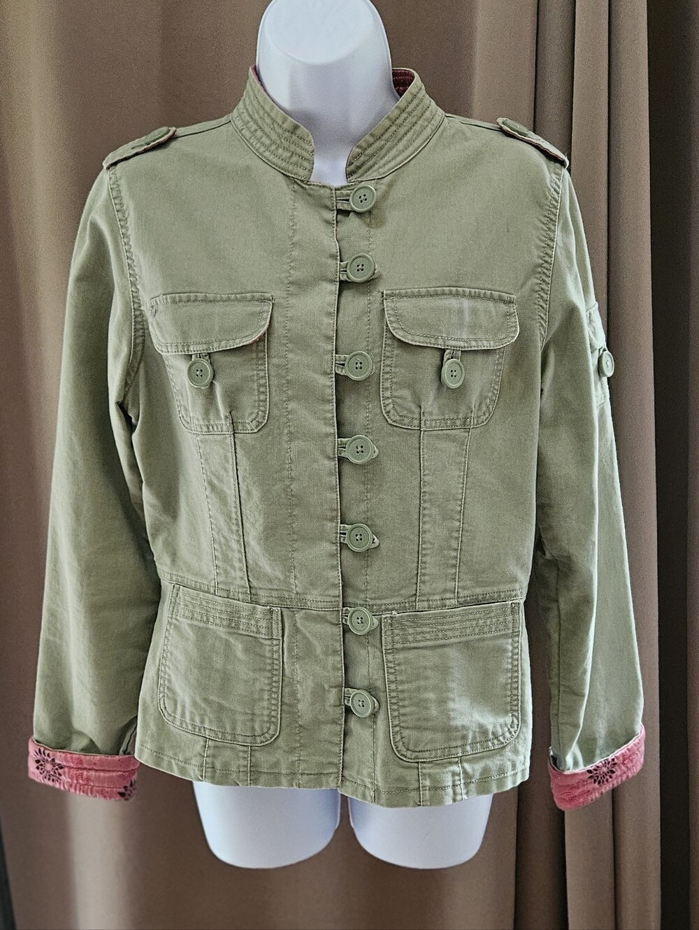 Old Navy Olive Green Military Utility Jacket Pink Floral Lining Canvas